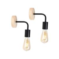 Ostaria Wandlamp - 2x - zwart - metaal / houtoptiek - industrieel - E27 - binnen / woonkamer