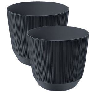 2x stuks moderne carf-stripe plantenpot/bloempot kunststof dia 17 cm/hoogte 15 cm antraciet grijs