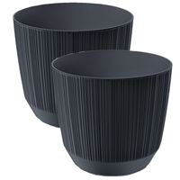 2x stuks moderne carf-stripe plantenpot/bloempot kunststof dia 17 cm/hoogte 15 cm antraciet grijs