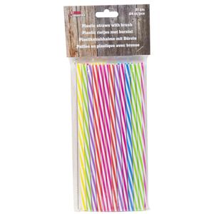 Drinkrietjes - kunststof - 24x - multicolor - 21 cm - met borstel - herbruikbaar