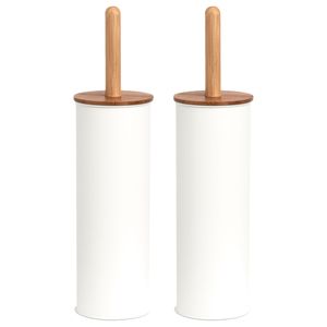 2x Stuks WC/Toiletborstel in houder metaal/bamboe hout - wit - 38 x 10 cm