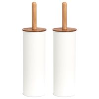 2x Stuks WC/Toiletborstel in houder metaal/bamboe hout - wit - 38 x 10 cm