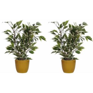 2x stuks groen/witte ficus kunstplant 40 cm met plantenpot okergeel D13.5 en H12.5 cm