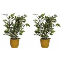 2x stuks groen/witte ficus kunstplant 40 cm met plantenpot okergeel D13.5 en H12.5 cm - thumbnail