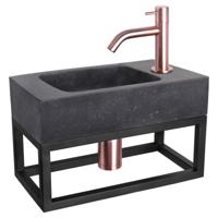 Differnz fonteinset bombai black - natuursteen - kraan gebogen - met handdoekrek - 40 x 22 x 9 cm - rood koper