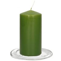 Trend Candles - Stompkaarsen met glazen onderzetters set van 2x stuks - Olijfgroen 6 x 12 cm