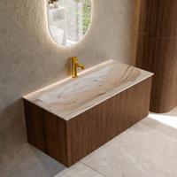 Badmeubel Mondiaz Kurve-Dlux | 100 cm | Meubelkleur Walnut | Wastafelkleur Nata | Solid surface | Wasbak midden spoelbak | 1 kraangat