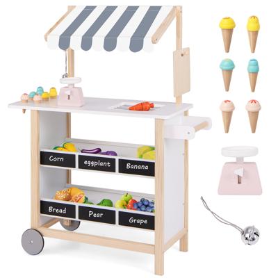 Kinder Ijskar met 6 Ijsjes & 2 Planken Houten Winkelwagen op Wielen Winkelwagentje Grijs