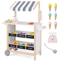 Kinder Ijskar met 6 Ijsjes & 2 Planken Houten Winkelwagen op Wielen Winkelwagentje Grijs