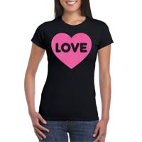 Bellatio Decorations Gay Pride T-shirt voor dames - liefde/love - zwart - roze glitter hart - LHBTI 2XL  - - thumbnail