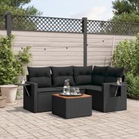 5-delige Loungeset met kussens poly rattan zwart