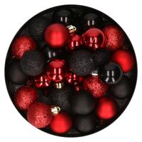 Kleine kerstballen - 28x st - zwart en rood - D3 cm - kunststof - kerstversiering