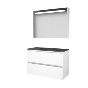 Basic-Line Premium 46 badkamermeubelset - 100x46cm - greeploos - 2 lades - hardsteen wastafel - 1 kraangat - Spiegelkast - geintegreerde LED verlichting - MDF lak Ice White 1813195