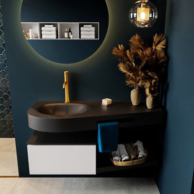 MONDIAZ RIVA 120cm badmeubel onderkast / planchet kleur Talc met 1 lade. Wastafel DULCET links 1 kraangat kleur Urban. MONDIAZ RIVA 120cm badmeubel onderkast / planchet kleur Talc met 1 lade. Wastafel DULCET links 1 kraangat kleur Urban.