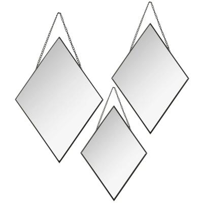 Wandspiegels ruit vorm - set van 3x stuks - zwart - metaal - met ketting - spiegels