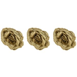 6x stuks decoratie bloemen roos goud glitter op clip 18 cm