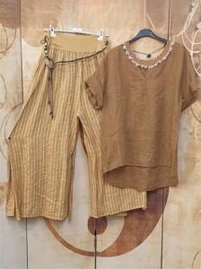 Elastic waist split stripe Pants plain top casual two piece suit