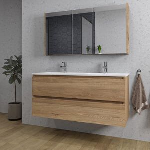 Adema Chaci Badkamermeubelset - 120x46x57cm - 2 keramische wasbakken wit - 2 kraangaten - 2 lades - Spiegelkast - kaneel SW718703/SW804533/SW812069/SW812072