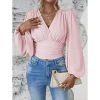 Dames Blouse Effen Kleur Met ruches Werk Dagelijks Stijlvol Modern Bel Lange mouw V-hals Zwart Lente Herfst Lightinthebox - thumbnail