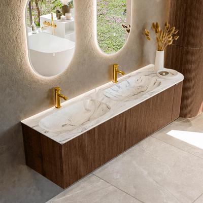 Badmeubel Mondiaz Kurve-Dlux | 165 cm | Meubelkleur Walnut | Wastafelkleur Glace | Solid surface | Dubbele spoelbak | 2 kraangaten
