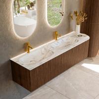 Badmeubel Mondiaz Kurve-Dlux | 165 cm | Meubelkleur Walnut | Wastafelkleur Glace | Solid surface | Dubbele spoelbak | 2 kraangaten