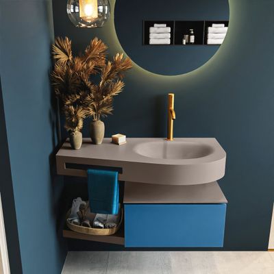 MONDIAZ RIVA 100cm badmeubel onderkast / planchet kleur Jeans met 1 lade. Wastafel DULCET rechts 1 kraangat kleur Smoke. MONDIAZ RIVA 100cm badmeubel onderkast / planchet kleur Jeans met 1 lade. Wastafel DULCET rechts 1 kraangat kleur Smoke.