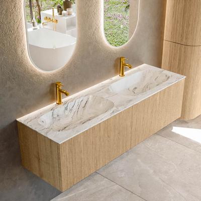 Mondiaz KURVE-DLUX 150 cm Onderkast Greeploos 2 Lades Zonder Deuren Oak, Wastafel Solid Surface Dubbel Glace 2 Kraangaten Zonder Spiegel (KRVSTS1502L0D2KD-Oak/Gla)