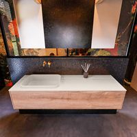 Badkamermeubelset Mondiaz Erin 150 cm met 1 Lade met RIDGE Wastafel Links Linen Zonder Kraangaten Greeploos Mat Washed Oak