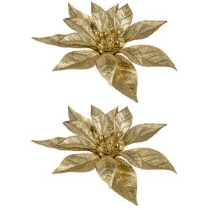 2x stuks decoratie bloemen kerstster goud glitter op clip 18 cm