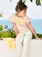 Meisjes-T-shirt met print in zwelinkt en korte mouwen met ruches lichtroze