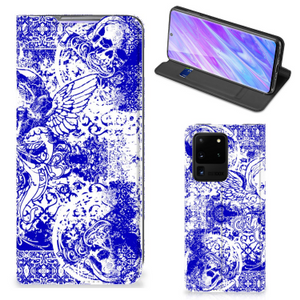 Mobiel BookCase Samsung Galaxy S20 Ultra Angel Skull Blauw