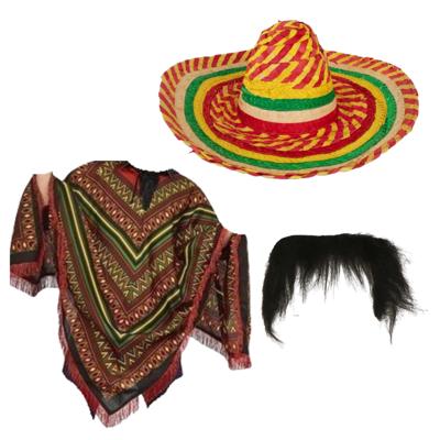 Carnaval verkleed set - Mexicaanse poncho sombrero hoed en plaksnor - gekleurd - heren