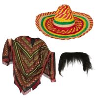 Carnaval verkleed set - Mexicaanse poncho sombrero hoed en plaksnor - gekleurd - heren