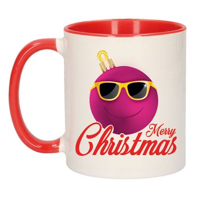 Kerstcadeau mok / beker rood Merry Christmas roze smiley kerstbal 300 ml - Bekers