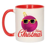Kerstcadeau mok / beker rood Merry Christmas roze smiley kerstbal 300 ml - Bekers - thumbnail