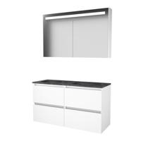 Basic-Line Premium 46 badkamermeubelset - 120x46cm - greeploos - 4 lades - hardsteen wastafel - 0 kraangaten - Spiegelkast - geintegreerde LED verlichting - MDF lak Ice White 1813204