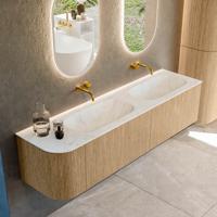 Mondiaz KURVE-DLUX 175 cm Onderkast Greeploos 2 Lades Met Deuren Oak, Wastafel Solid Surface Rechts Opalo 0 Kraangaten Zonder Spiegel (KRVSTS175L2L1D0KD-Oak/Opa)