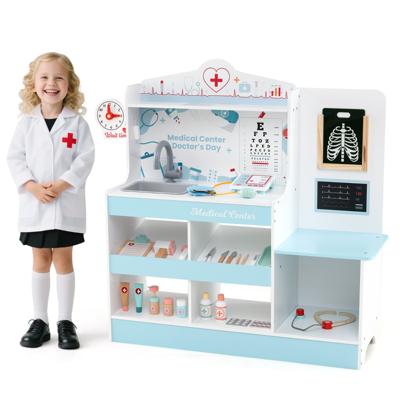 Houten Dokter Speelset Medisch Centrum voor Kinderen met Klok Wastafel Gezichts Test Tafel EKG Monitor Blauw