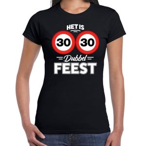 Verjaardag t-shirt het is dubbel feest zwart dames - 30 jaar cadeau shirt