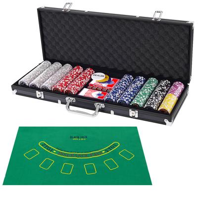 500 Stuks Casino Poker Set met Fiches & Speelkaarten & Dobbelstenen & Dealer Fiches & Tafelkleed Zwart