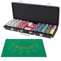 500 Stuks Casino Poker Set met Fiches & Speelkaarten & Dobbelstenen & Dealer Fiches & Tafelkleed Zwart