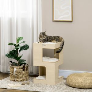 PawHut kattengrot, kattenhuis, 3-laags kattenkast met kussen, eikenhout