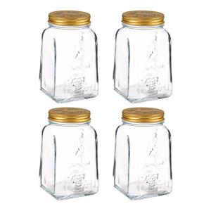 Voorraadpot/bewaarpot Square - 4x - glas - 1L - transparant/goud - D10 x H17 cm - voedsel bewaren