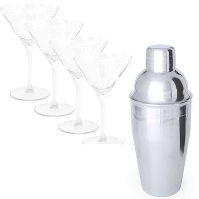 4x Cocktailglazen / martiniglazen 260 ml + cocktailshaker semi-matte 550 ml RVS