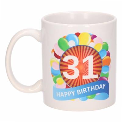 31 jaar Verjaardag koffiemok - cadeau beker - feestelijke ballonnen print - 300 ml - keramiek - wit