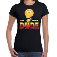 Funny emoticon t-shirt time is money dude zwart voor dames