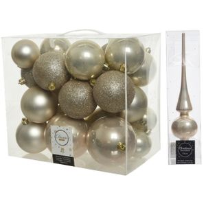 Kerstversiering kunststof kerstballen met piek parel/champagne 6-8-10 cm pakket van 27x stuks