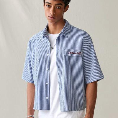 Bon&Bon Men's Striped Short Sleeve Shirt | Loose Fit Casual Blue Top Blue / M
