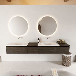MONDIAZ BUKLA 240cm badmeubel met module 40 links kleur Dark Brown met 4 lades. Wastafel CLOUD dubbel 0 kraangaten kleur Talc.