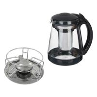 Theepot met filter/infuser inclusief warmhoudplaatje - 1800 ml - glas/chroom - thumbnail